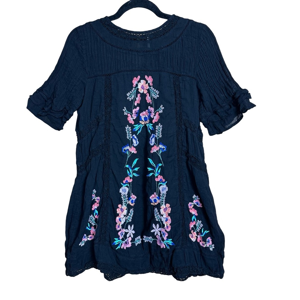 Free People Boho Embroidered Floral High Neck Crochet Lace Trim Mini Shift Dress